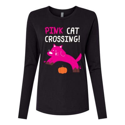 Pink Cat Crossing Pumskin Funny Halloween Gift Womens Cotton Relaxed Long Sleeve T-Shirt