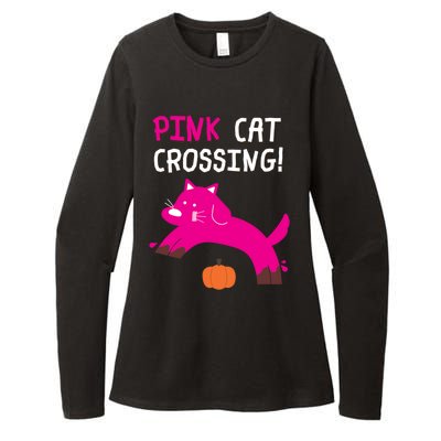 Pink Cat Crossing Pumskin Funny Halloween Gift Womens CVC Long Sleeve Shirt