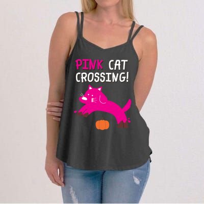 Pink Cat Crossing Pumskin Funny Halloween Gift Women's Strappy Tank