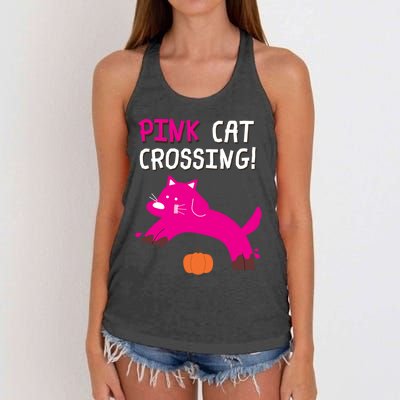 Pink Cat Crossing Pumskin Funny Halloween Gift Women's Knotted Racerback Tank