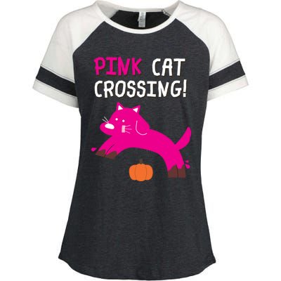 Pink Cat Crossing Pumskin Funny Halloween Gift Enza Ladies Jersey Colorblock Tee