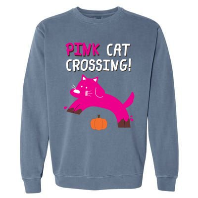 Pink Cat Crossing Pumskin Funny Halloween Gift Garment-Dyed Sweatshirt