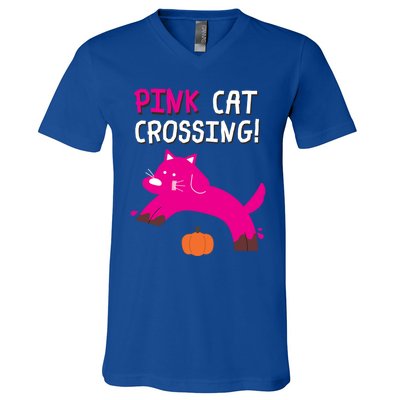 Pink Cat Crossing Pumskin Funny Halloween Gift V-Neck T-Shirt