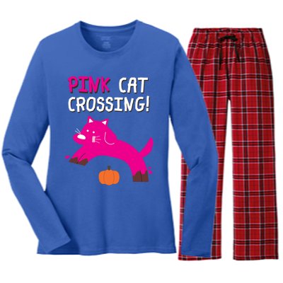 Pink Cat Crossing Pumskin Funny Halloween Gift Women's Long Sleeve Flannel Pajama Set 