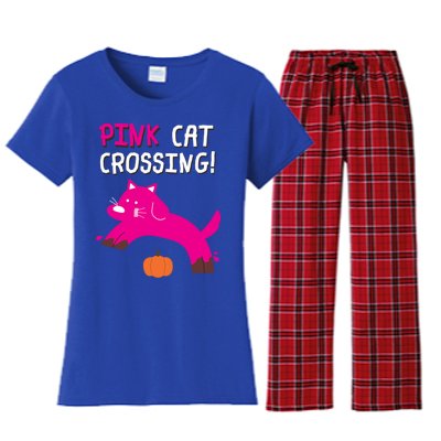 Pink Cat Crossing Pumskin Funny Halloween Gift Women's Flannel Pajama Set