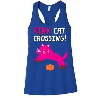 Pink Cat Crossing Pumskin Funny Halloween Gift Women's Racerback Tank