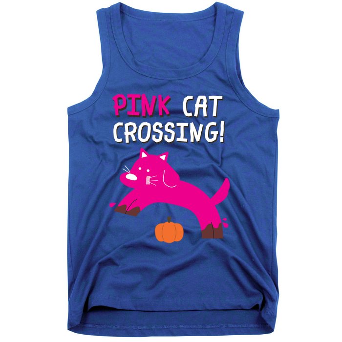 Pink Cat Crossing Pumskin Funny Halloween Gift Tank Top