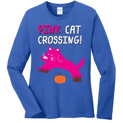 Pink Cat Crossing Pumskin Funny Halloween Gift Ladies Long Sleeve Shirt