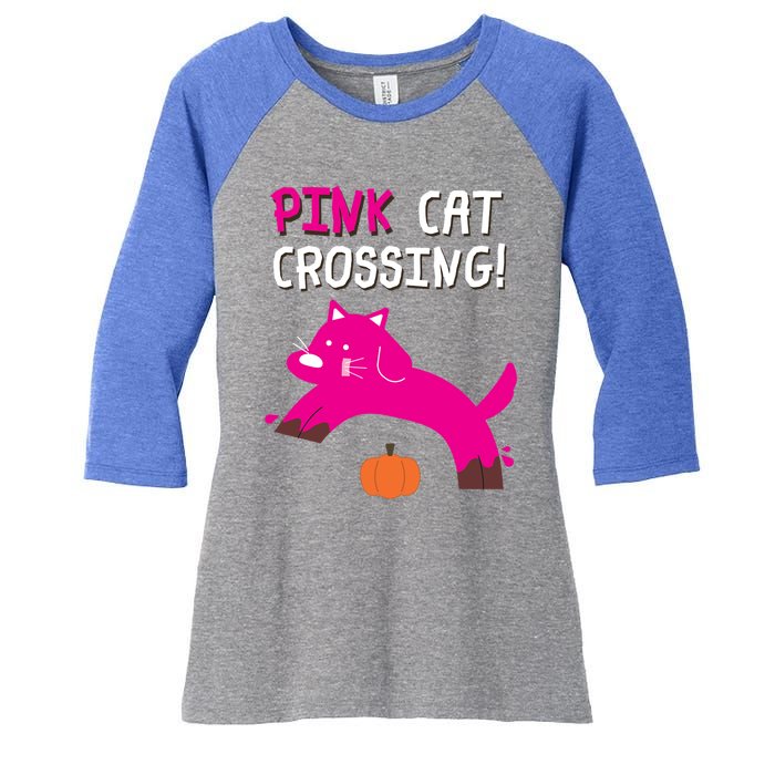 Pink Cat Crossing Pumskin Funny Halloween Gift Women's Tri-Blend 3/4-Sleeve Raglan Shirt