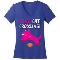 Pink Cat Crossing Pumskin Funny Halloween Gift Women's V-Neck T-Shirt