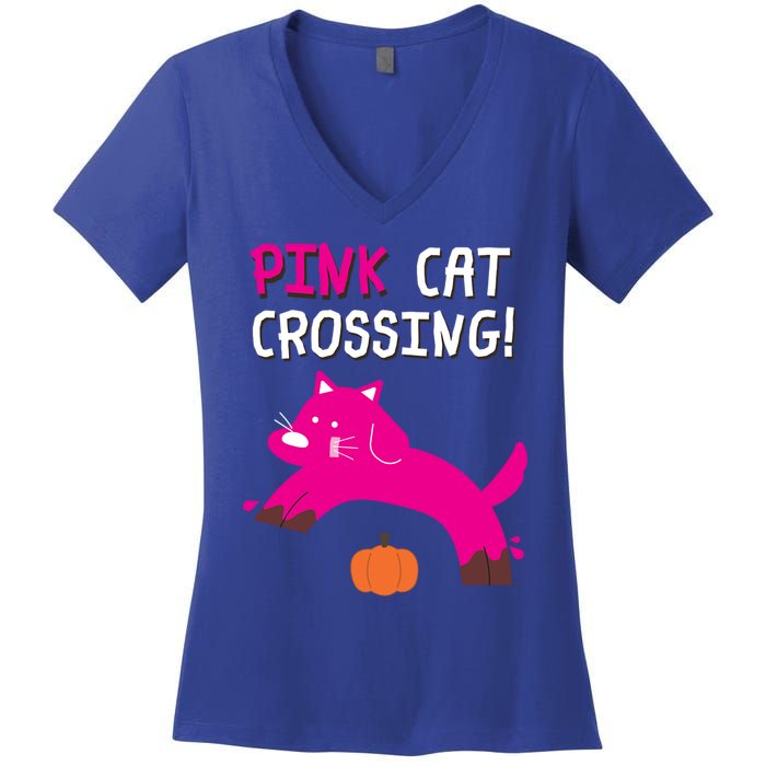 Pink Cat Crossing Pumskin Funny Halloween Gift Women's V-Neck T-Shirt