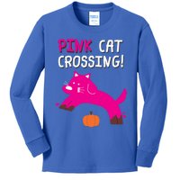 Pink Cat Crossing Pumskin Funny Halloween Gift Kids Long Sleeve Shirt