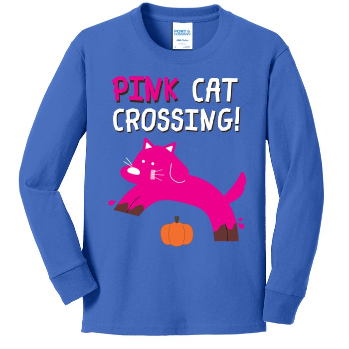 Pink Cat Crossing Pumskin Funny Halloween Gift Kids Long Sleeve Shirt