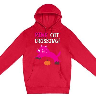 Pink Cat Crossing Pumskin Funny Halloween Gift Premium Pullover Hoodie