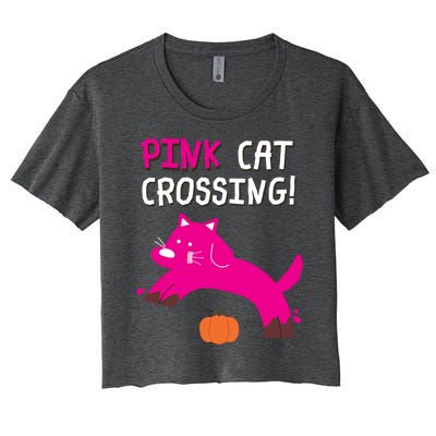 Pink Cat Crossing Pumskin Funny Halloween Gift Women's Crop Top Tee