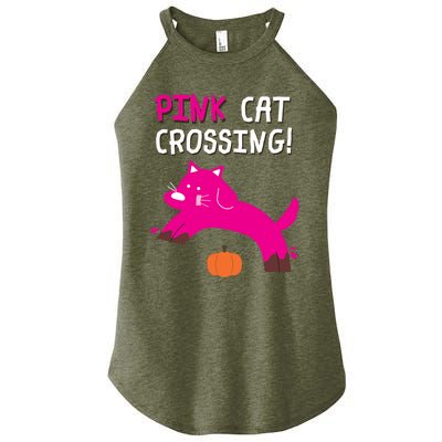 Pink Cat Crossing Pumskin Funny Halloween Gift Women's Perfect Tri Rocker Tank