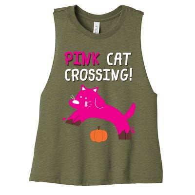 Pink Cat Crossing Pumskin Funny Halloween Gift Women's Racerback Cropped Tank