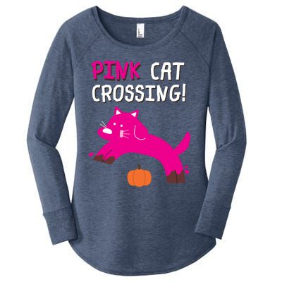 Pink Cat Crossing Pumskin Funny Halloween Gift Women's Perfect Tri Tunic Long Sleeve Shirt