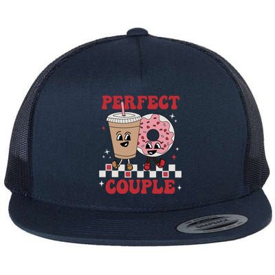 Perfect Couple Coffee Donut Groovy Retro Valentine's Day Great Gift Flat Bill Trucker Hat