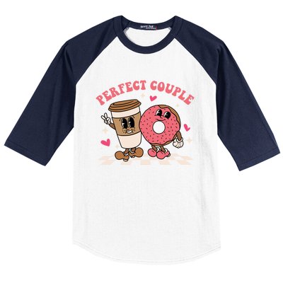 Perfect Couple Coffee Donut Groovy Retro Valentine's Day Cool Gift Baseball Sleeve Shirt