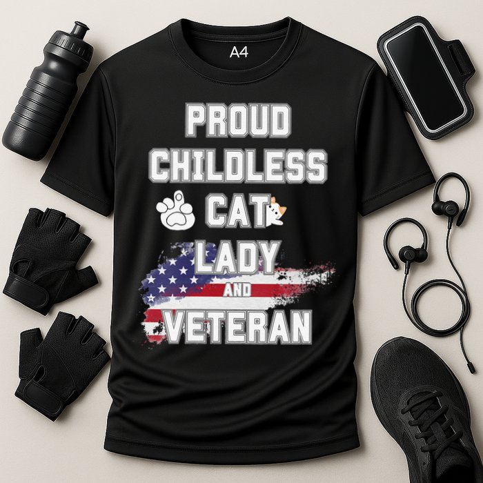 Proud Childless Cat Lady And Veteran Cooling Performance Crew T-Shirt
