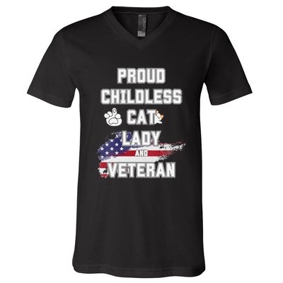 Proud Childless Cat Lady And Veteran V-Neck T-Shirt