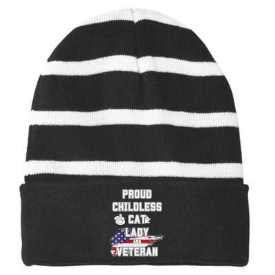 Proud Childless Cat Lady And Veteran Striped Beanie with Solid Band