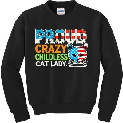 Proud Crazy Childless Cats Lady Cats Lover Usa Flag Kids Sweatshirt