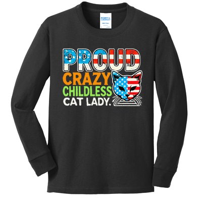 Proud Crazy Childless Cats Lady Cats Lover Usa Flag Kids Long Sleeve Shirt