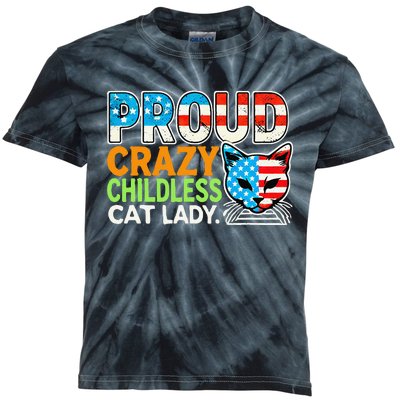 Proud Crazy Childless Cats Lady Cats Lover Usa Flag Kids Tie-Dye T-Shirt