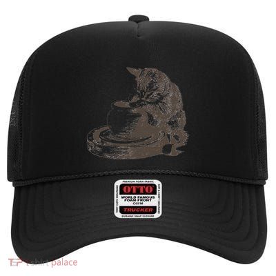 Pottery Cat Cute Kitty Ceramics Lover Kiln 90s Tattoo High Crown Mesh Back Trucker Hat