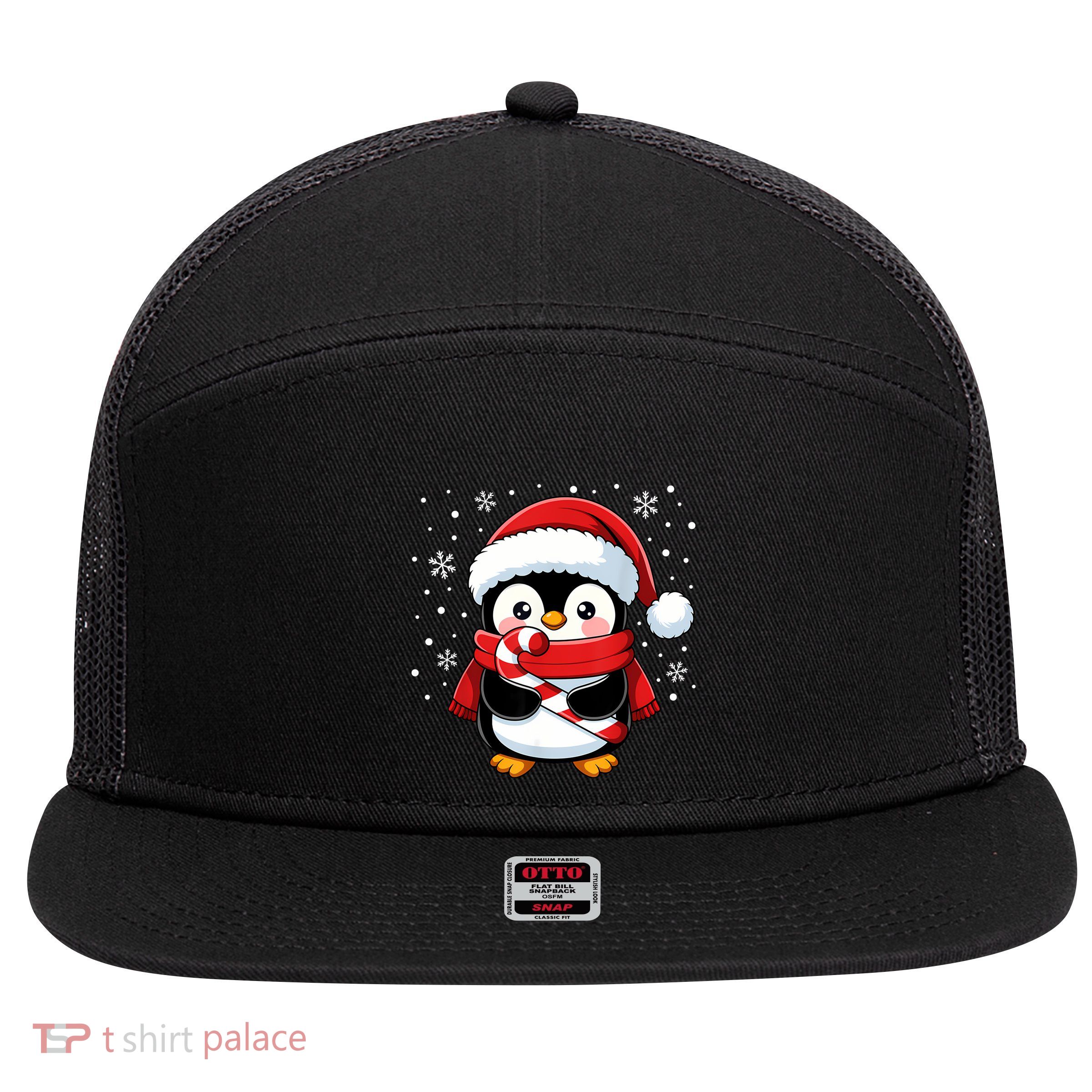 Penguin Christmas Candy Cane Winter 7 Panel Mesh Trucker Snapback Hat