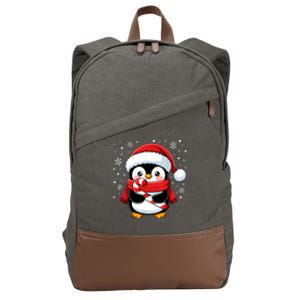 Penguin Christmas Candy Cane Winter Cotton Canvas Backpack