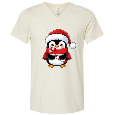 Penguin Christmas Candy Cane Winter V-Neck T-Shirt