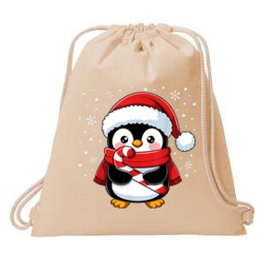 Penguin Christmas Candy Cane Winter Drawstring Bag