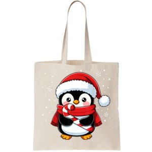 Penguin Christmas Candy Cane Winter Tote Bag