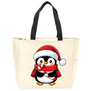 Penguin Christmas Candy Cane Winter Zip Tote Bag