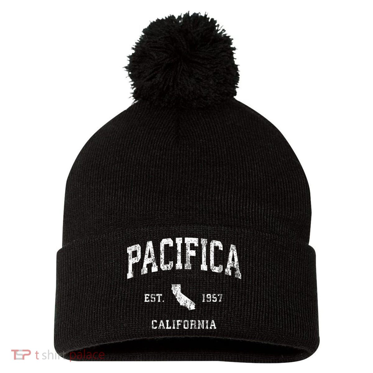 Pacifica California Ca Vintage Athletic Sports Design Pom Pom 12in Knit Beanie