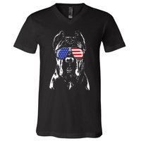 Proud Cane Corso American Flag Sunglasses Patriotic Dog V-Neck T-Shirt