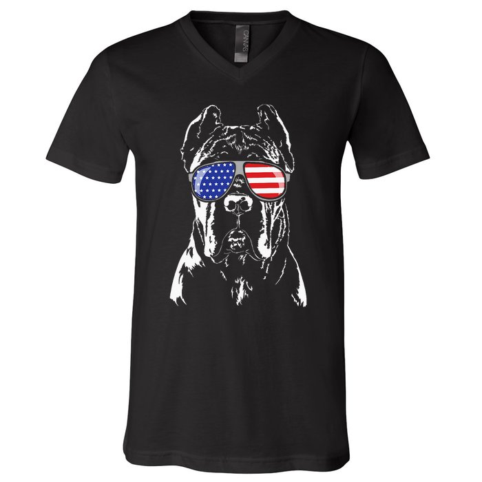 Proud Cane Corso American Flag Sunglasses Patriotic Dog V-Neck T-Shirt