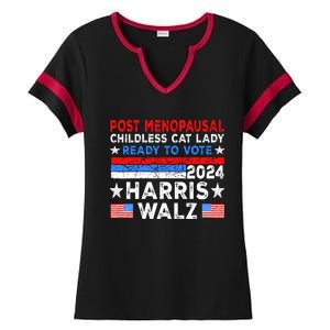 Postmenopausal Childless Cat Lady Ready To Vote Harris Walz Ladies Halftime Notch Neck Tee