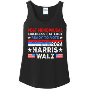 Postmenopausal Childless Cat Lady Ready To Vote Harris Walz Ladies Essential Tank