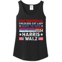 Postmenopausal Childless Cat Lady Ready To Vote Harris Walz Ladies Essential Tank