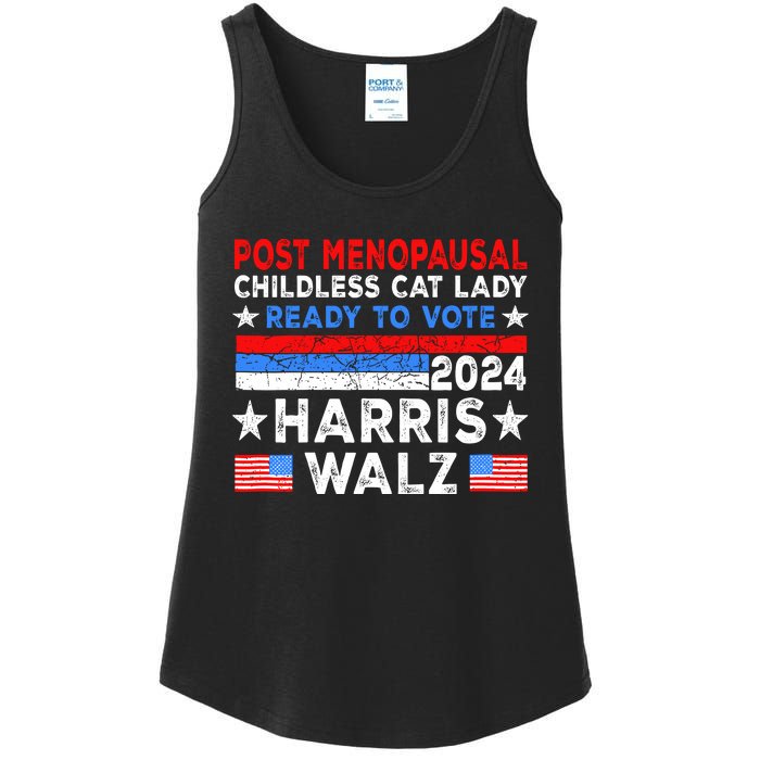 Postmenopausal Childless Cat Lady Ready To Vote Harris Walz Ladies Essential Tank