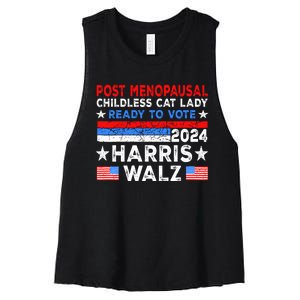 Postmenopausal Childless Cat Lady Ready To Vote Harris Walz Women's Racerback Cropped Tank