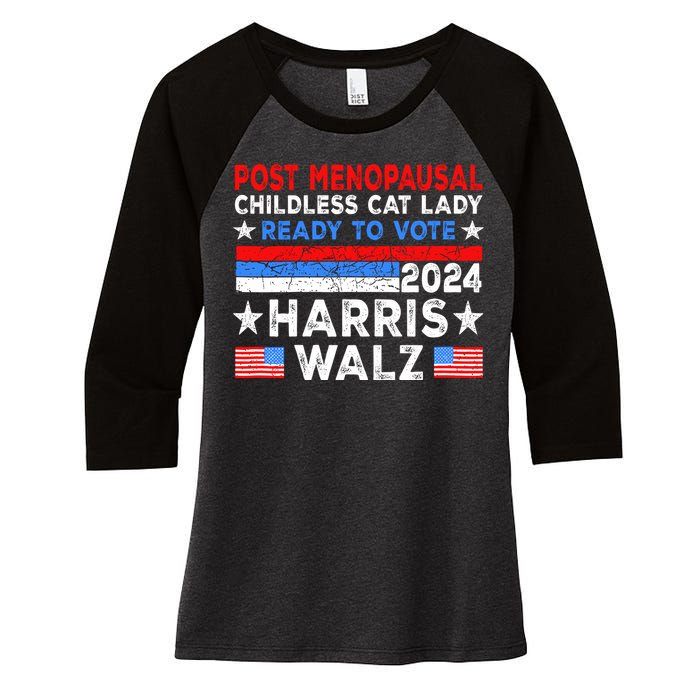 Postmenopausal Childless Cat Lady Ready To Vote Harris Walz Women's Tri-Blend 3/4-Sleeve Raglan Shirt