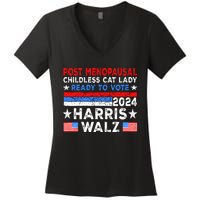 Postmenopausal Childless Cat Lady Ready To Vote Harris Walz Women's V-Neck T-Shirt