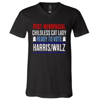 Postmenopausal Childless Cat Lady Ready To Vote Kamala V-Neck T-Shirt