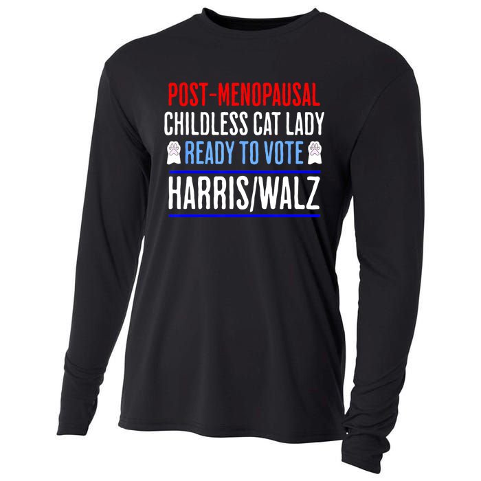 Postmenopausal Childless Cat Lady Ready To Vote Kamala Cooling Performance Long Sleeve Crew