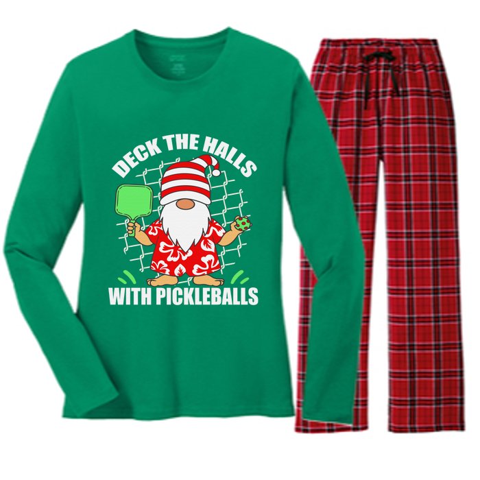 Pickleball Christmas Deck The Halls With Pickleballs Santa Women's Long Sleeve Flannel Pajama Set 